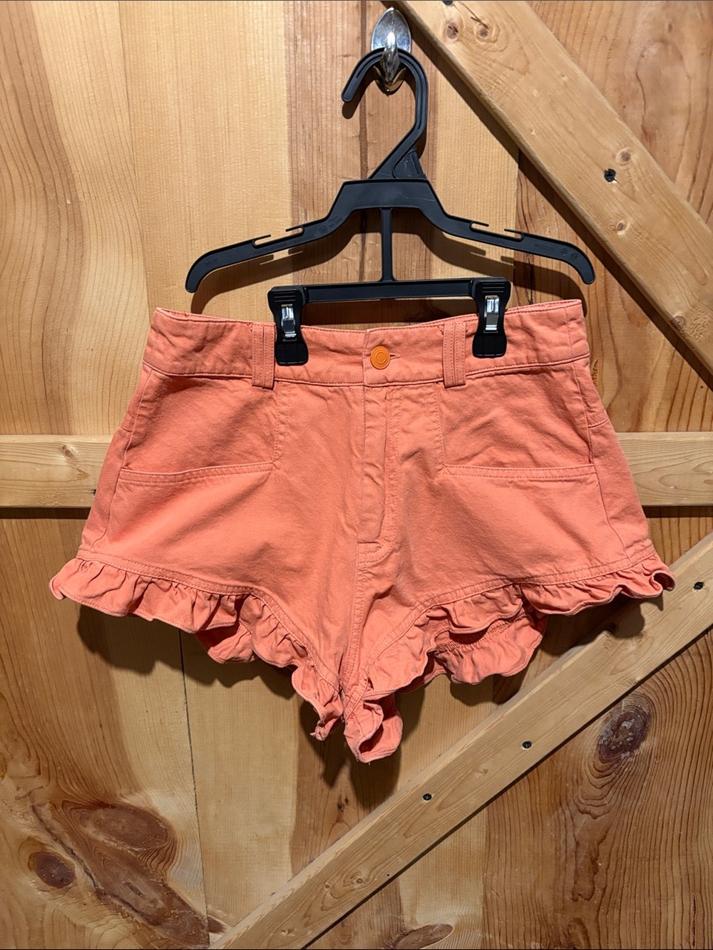 Cider Coral Ruffle-Hem High Waist Shorts